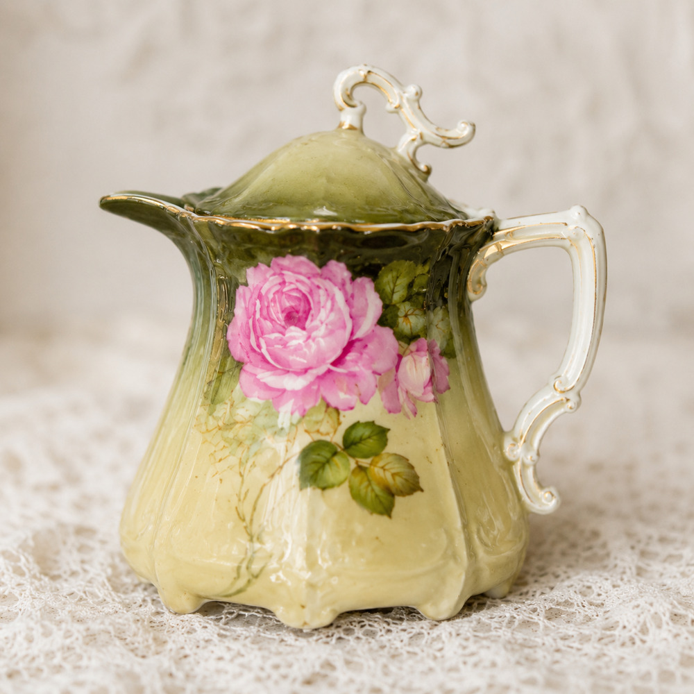 Antique Bavarian Hand Painted Rose Creamer with Lid | Art Nouveau Porcelain